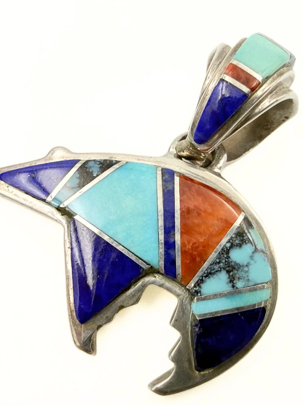 Calvin Begay Marked Figural Bear Sterling Silver Inlaid Multi Stone Pendant